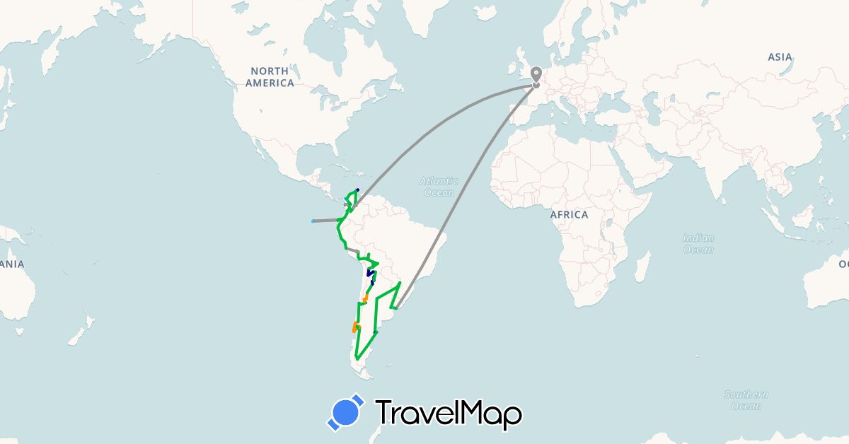 TravelMap itinerary: driving, bus, plane, hiking, boat, hitchhiking in Argentina, Bolivia, Chile, Colombia, Ecuador, France, Peru, Uruguay (Europe, South America)